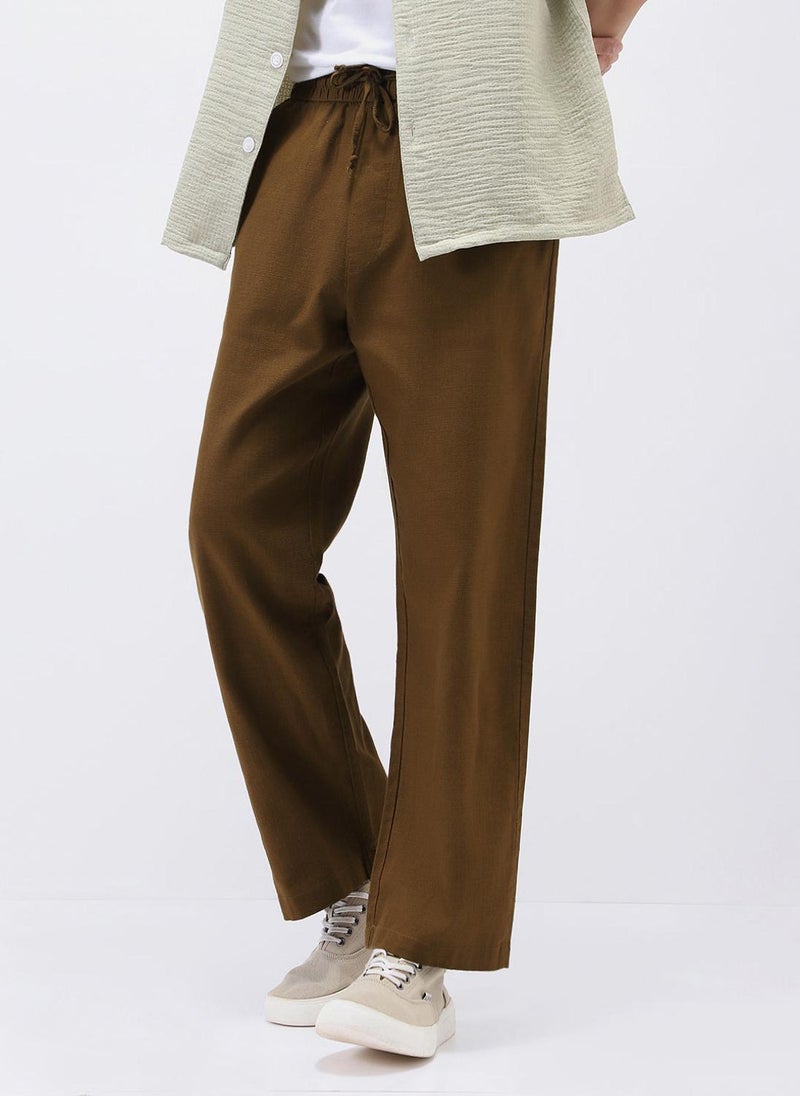 Urbano Fashion Men's Khaki Loose Fit Solid Linen Blend Trousers Non-Stretchable - Image 1